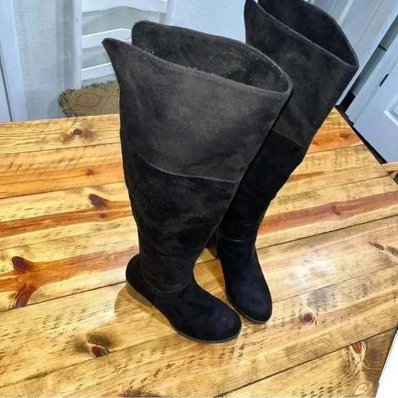 Brash over the knee suede look heeled 1/2 zip side black boots - Picture 5 of 14
